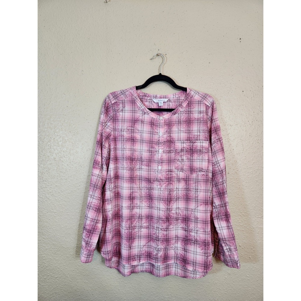 Croft & Barrow Blouse Pink Women‎ XXL Plaid Paisley Cotton Long Sleeve Top